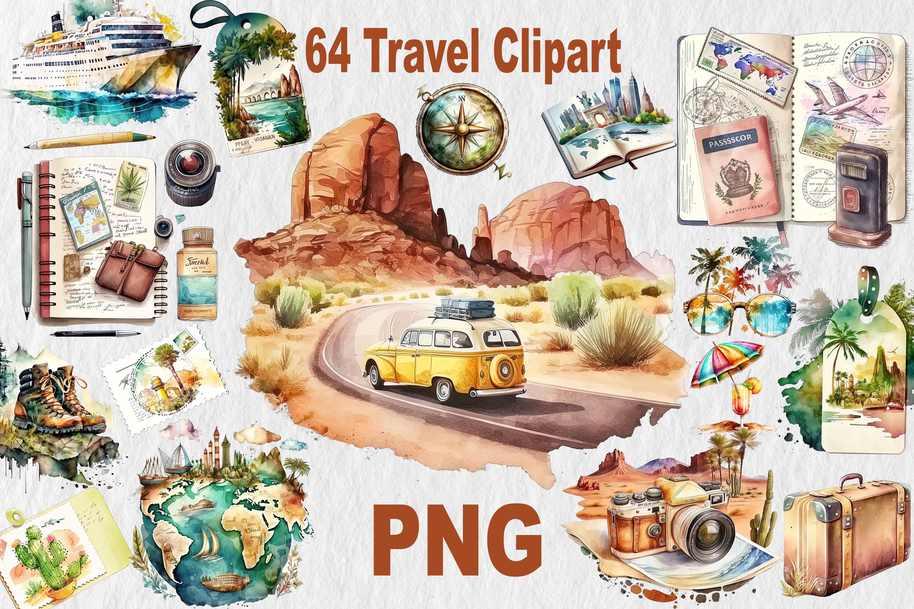 Watercolor Travel Clipart PNG