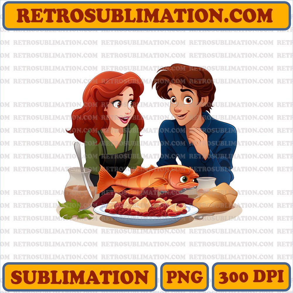 <Ariel> Thanksgiving Adventure - Curious Flounder & Sebastian Try Cranberry Sauce Digital Download - PNG Sublimation. Satisfy Your Creativity. Unique & Captivating
