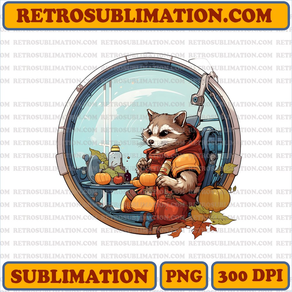 Thanksgiving Rocket Raccoon Spaceship - Confused Expression with Floating Cranberry Sauce - Digital Download PNG
