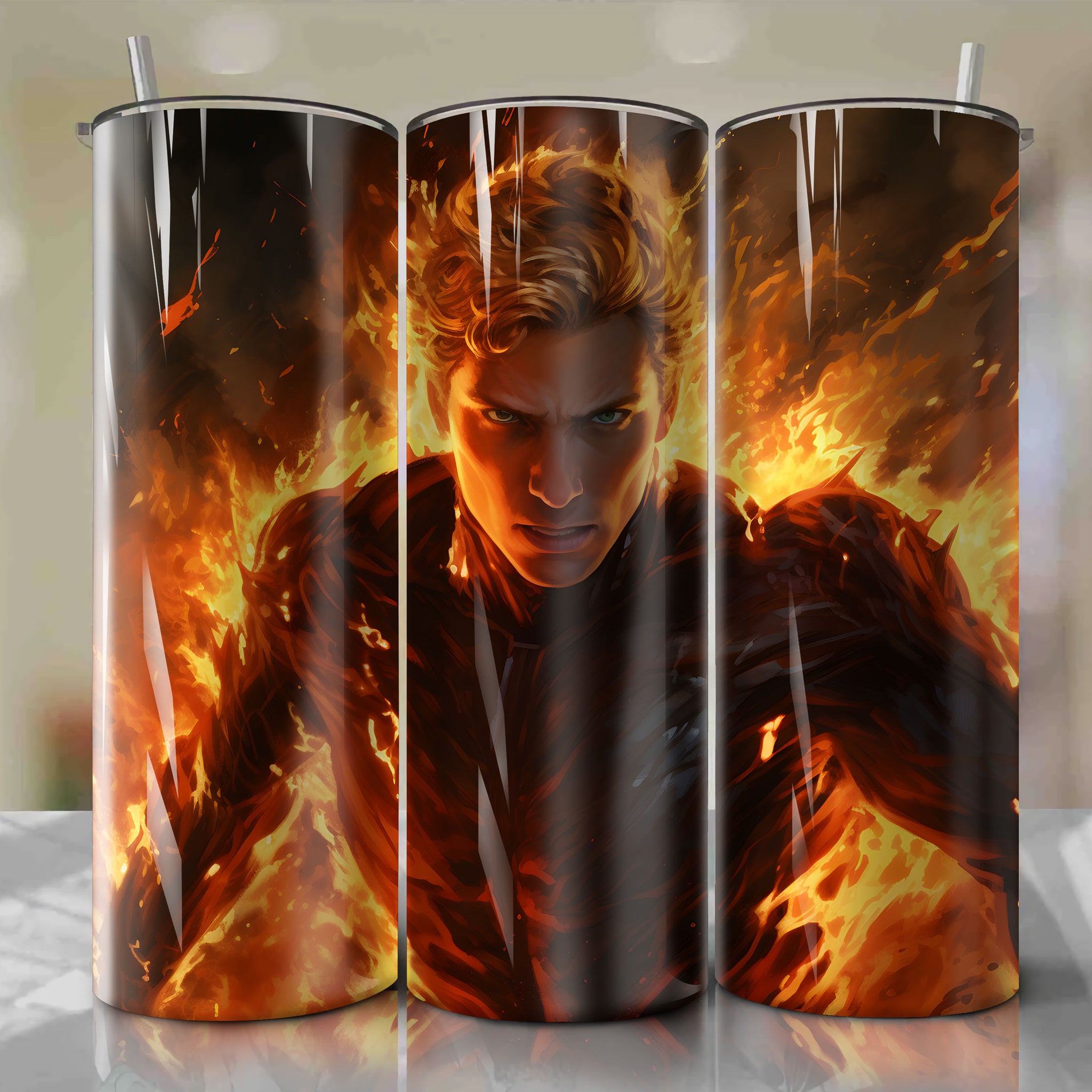 20 Oz Tumbler Wrap - Dynamic Animated Art by Skan Srisuwan: Human Torch from Fantastic Four in Fiery Action
