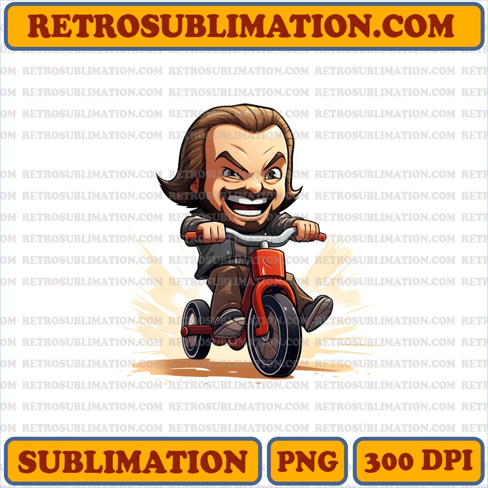 Spooky Chibi Jack Torrance PNG Digital Download - Laughing on Tiny Tricycle in Haunted Corridor - Unique & Creative - Sublimation Design
