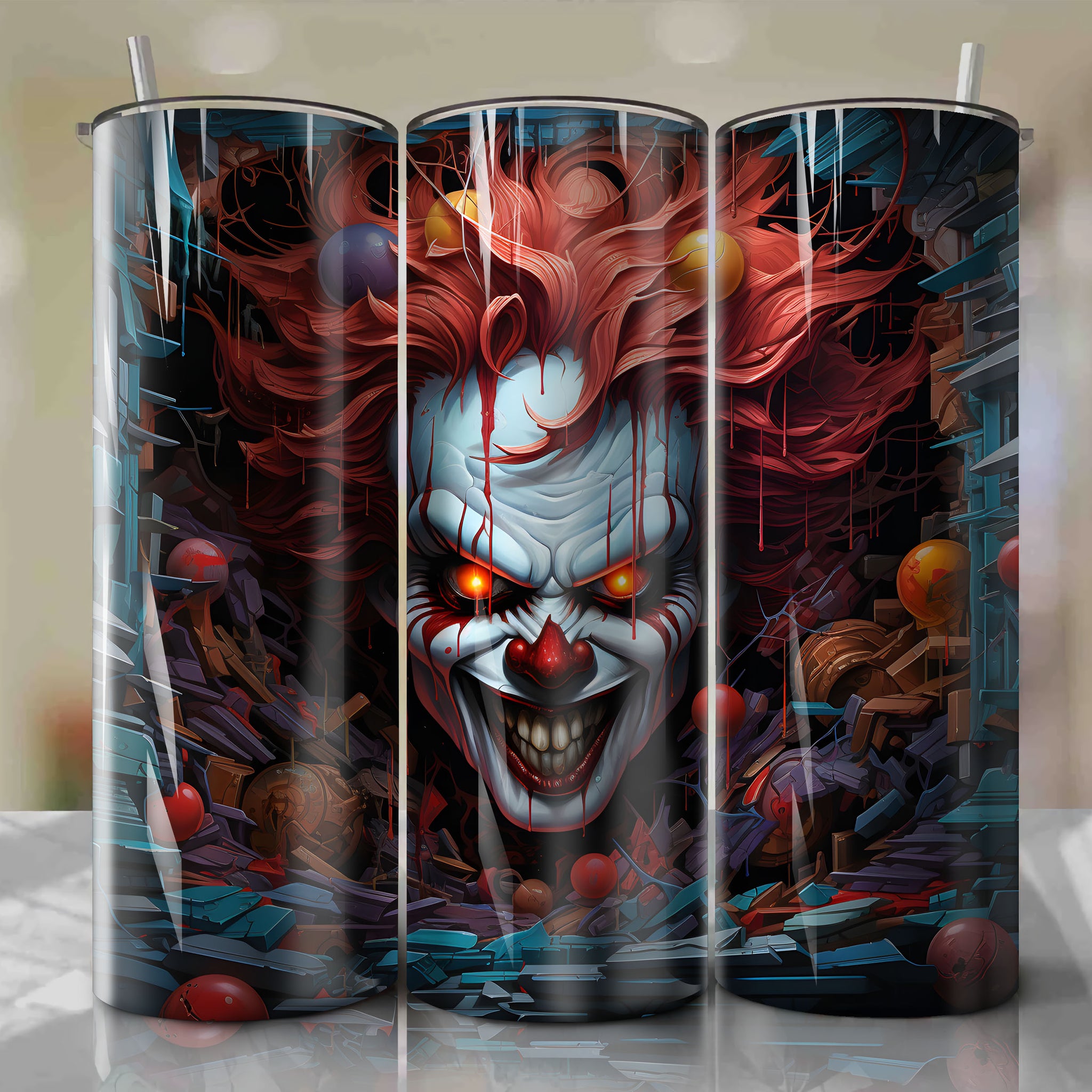 Colorful 3D Rendering of Pennywise Breaking Through Fractured Wall - Halloween Inspired Artwork
