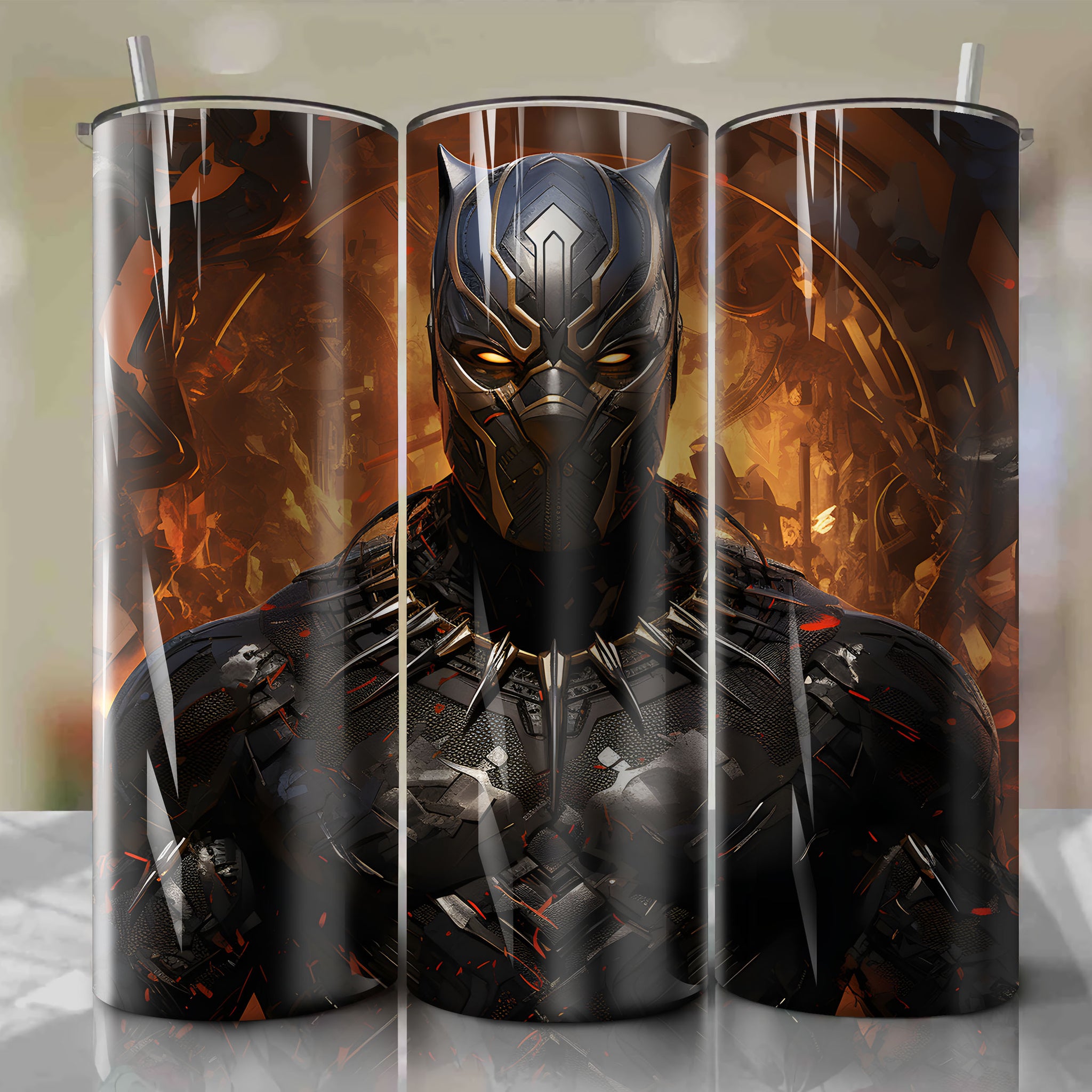 Wakanda's King and Protector, Black Panther, Emerges with Grace and Determination in Afrofuturist Art for 20 Oz Tumbler Wrap
