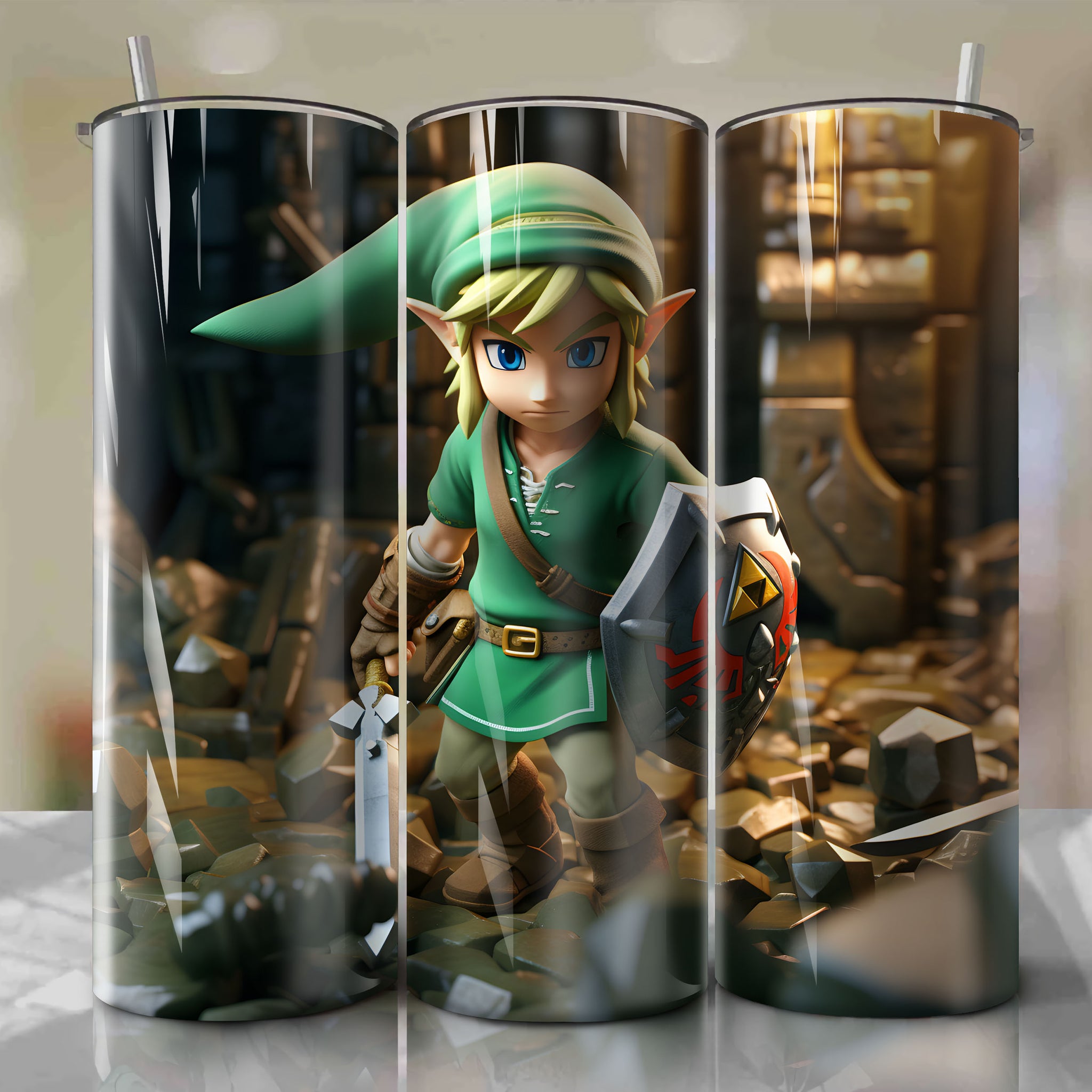 Brave Green Hat Knight from The Legend of Zelda Trapped in 3D Cracked Temple Wall
