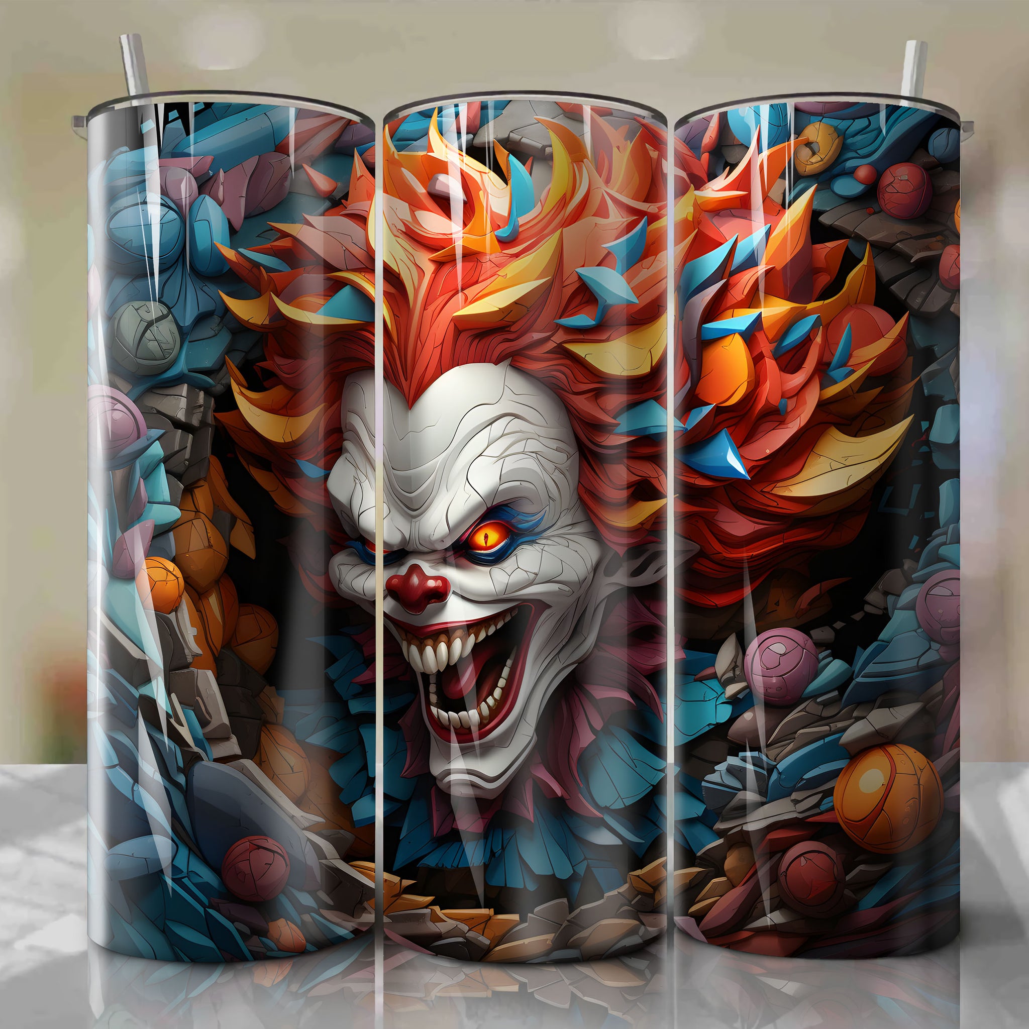 Colorful 3D Design - Sinister Pennywise Breaks Through Fractured Wall - Halloween Inspired Background
