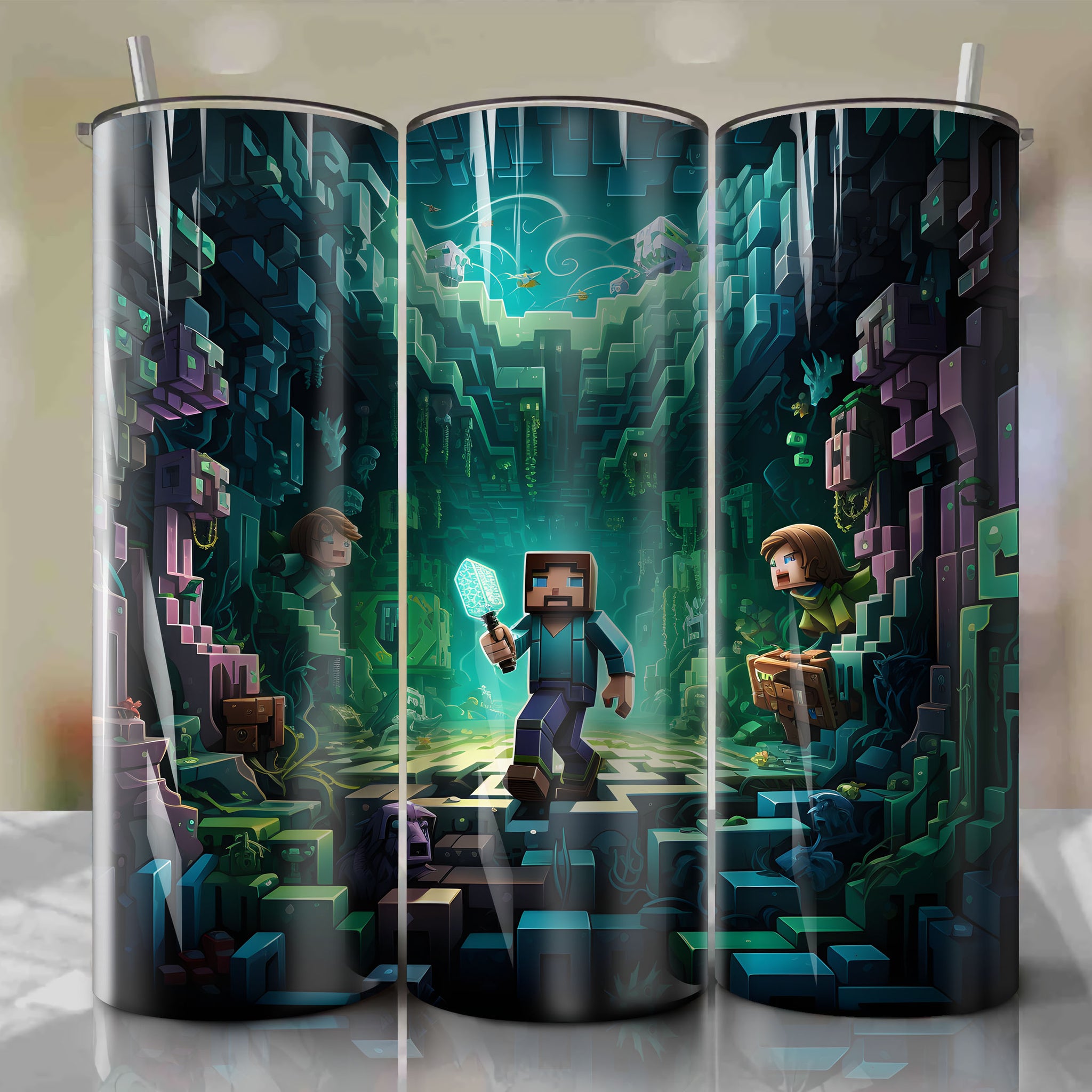 Minecraft 20 Oz Tumbler Wrap - Vibrant 3D Art by Dan Mumford: Steve Emerges from Shattered Barrier
