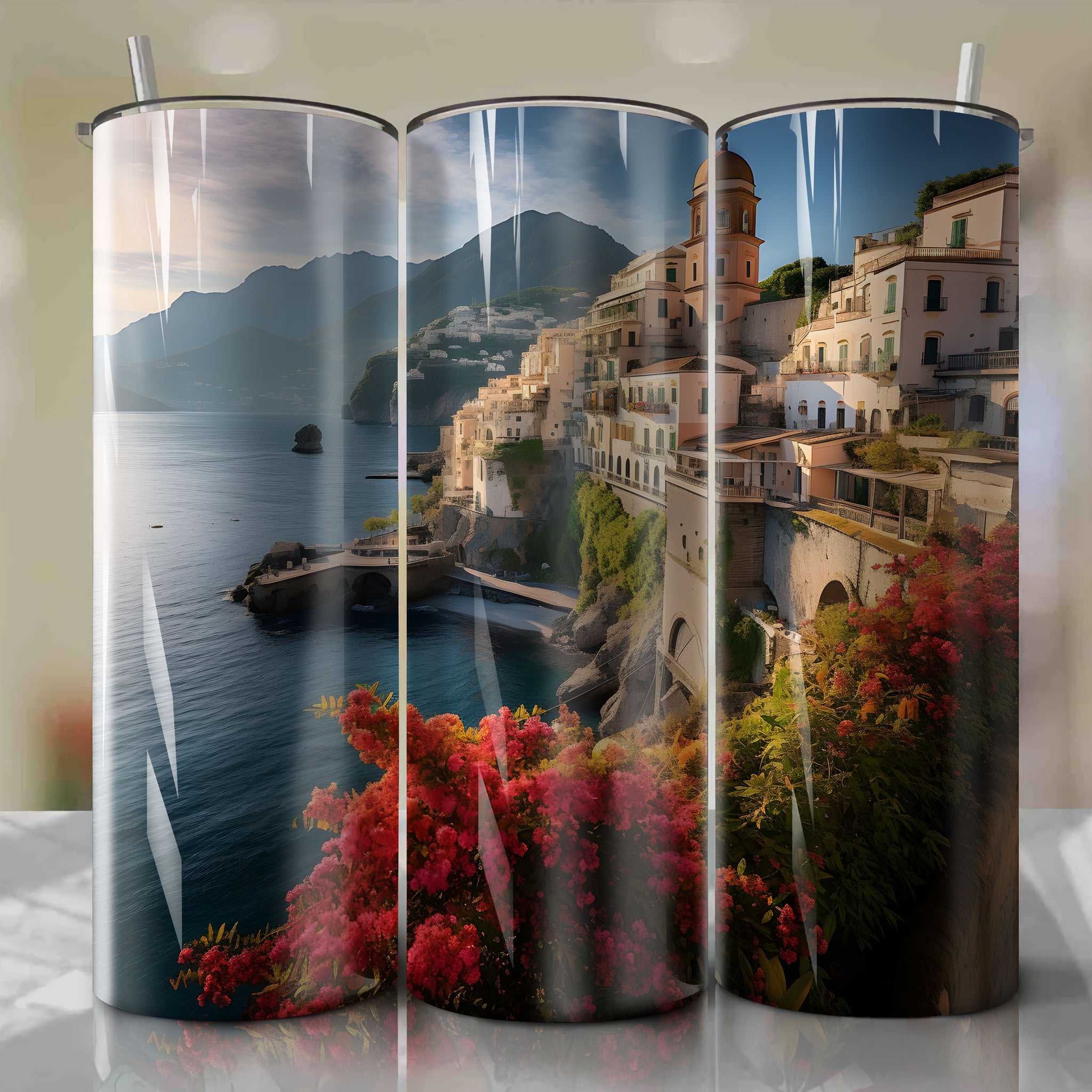 Aerial Shot of Autumn Morning Sun on the Amalfi Coast, Italy: A Watercolor-inspired Tumbler Wrap
