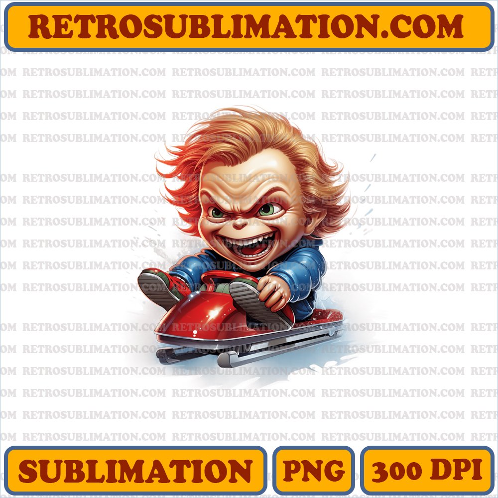 Christmas Chucky Sled Ride - Playfully Menacing Cartoon - High-Contrast PNG Sublimation
