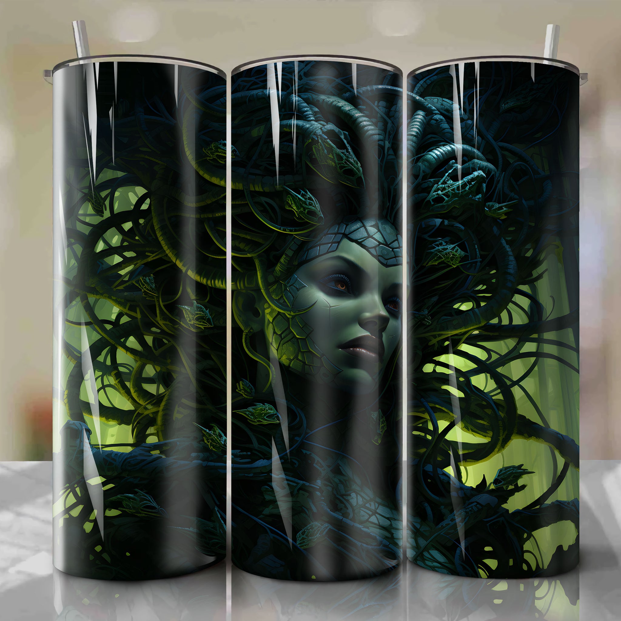 Medusa's Enthralling Encounter: 20 oz Tumbler Wrap Depicting Grace and Fierce Determination
