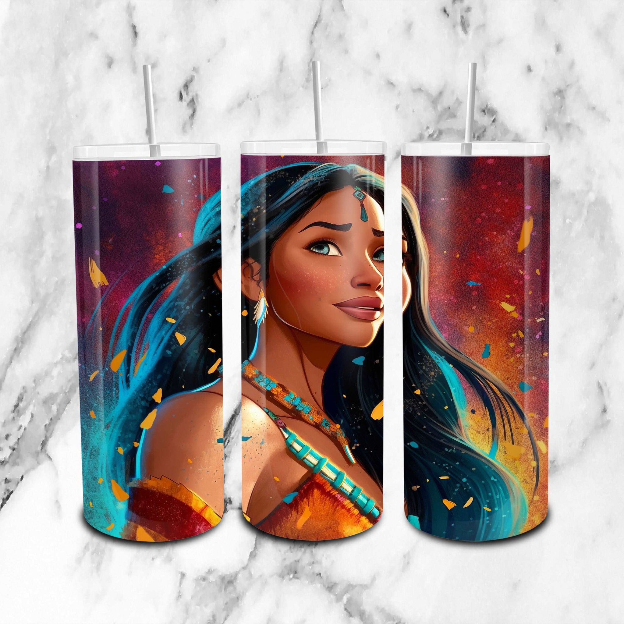 Pocahontas Disney Glitter - Cartoon - 20oz Skinny Tumbler Wrap PNG - Sublimation - Instant Download