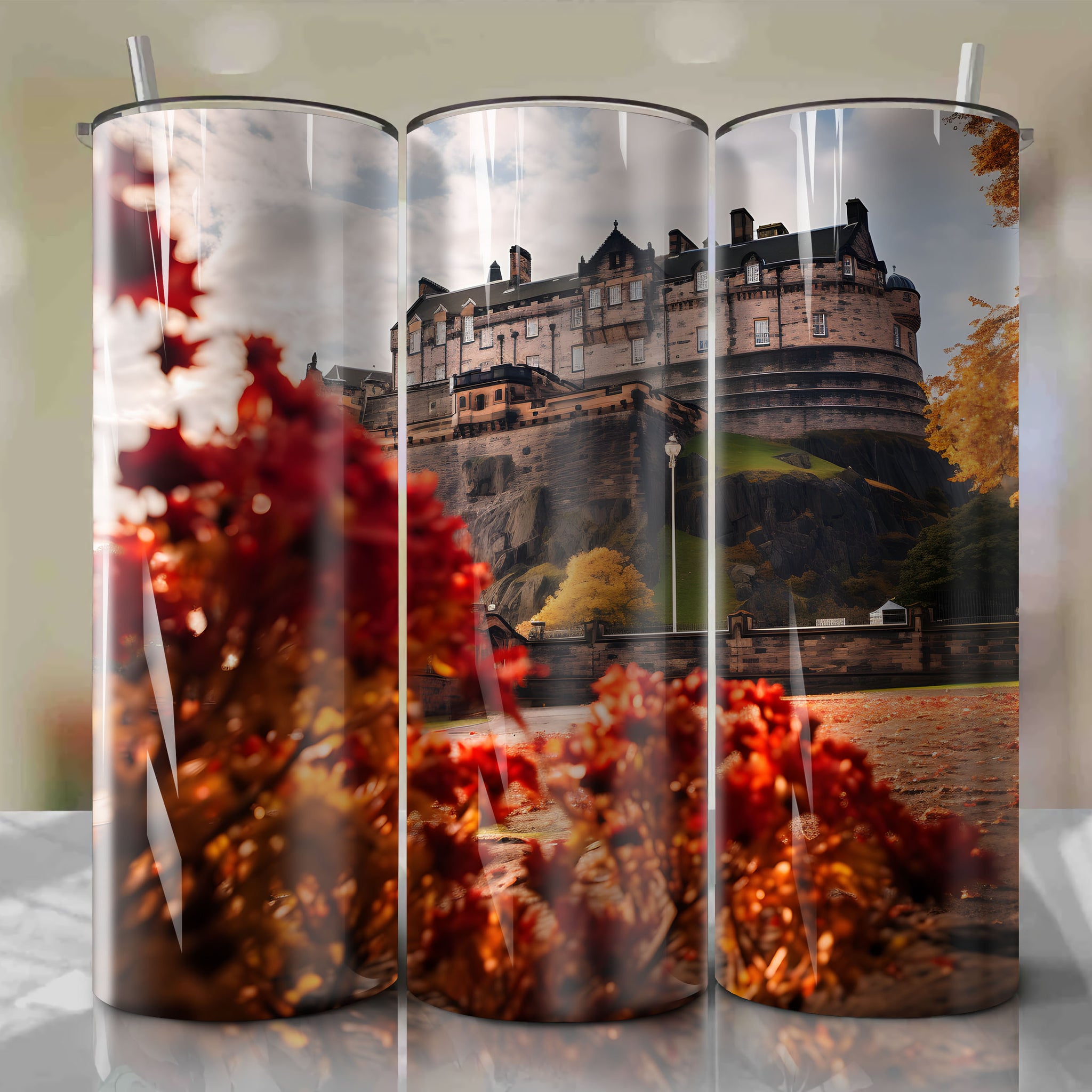 Captivating Autumn Light: Edinburgh Castle Tumbler Wrap with Watercolor Techniques
