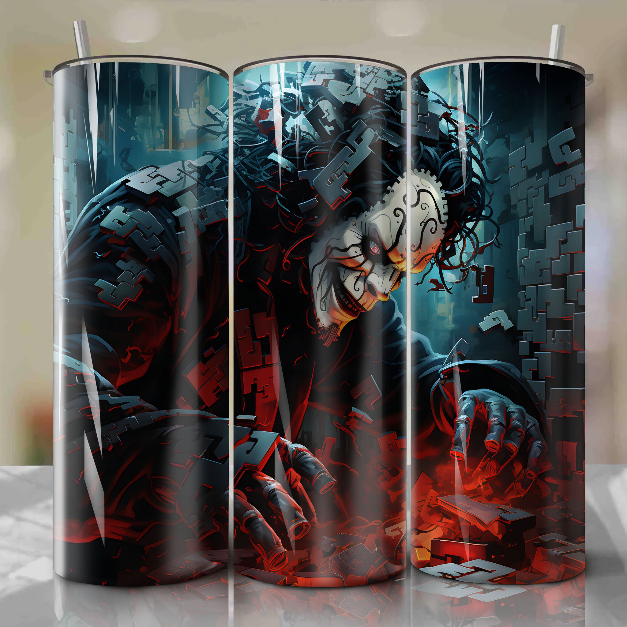 Halloween Terror Unleashed: 20 Oz Tumbler Wrap with Jigsaw's Menacing Figure and Dan Mumford's Intense 3D Illustration
