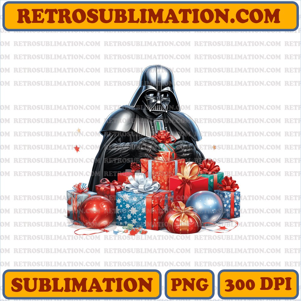 Intimidating Vader Unwrapping Christmas Gifts - Cartoon Sublimation PNG Digital Download
