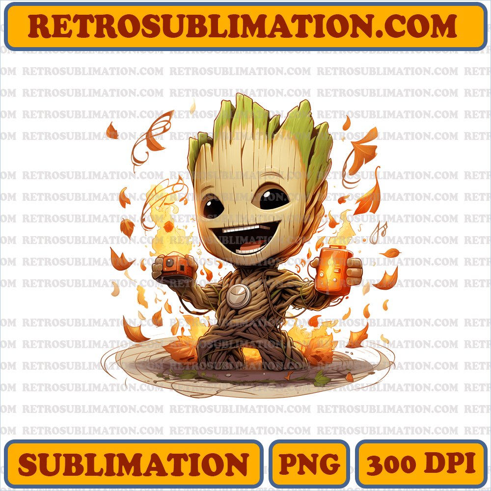 Groot Thanksgiving PNG Digital Download - Adult Groot Smiling & Dancing with Rocket - Unique Bootleg Style - Powerfully Creative
