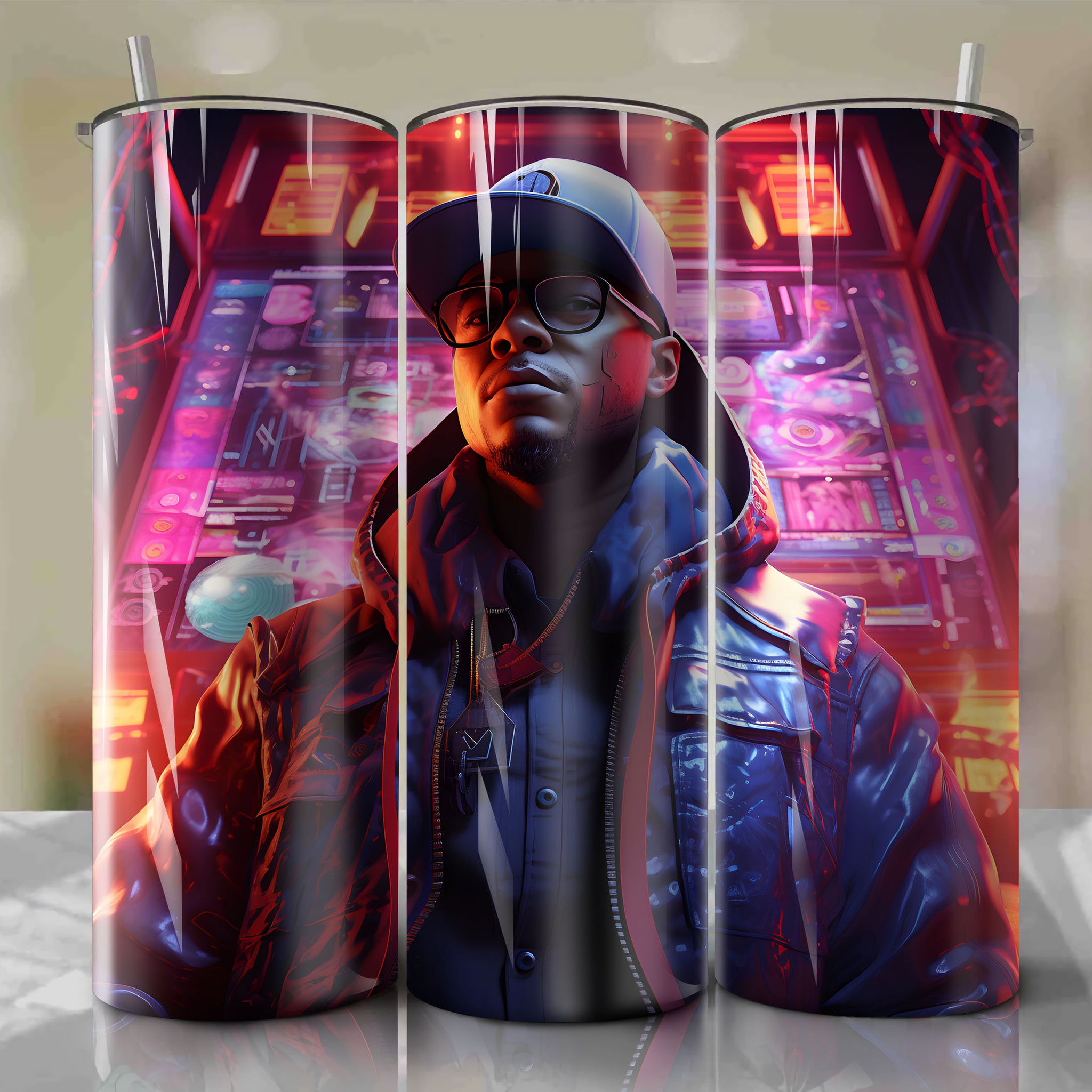 Charismatic Hacker and Tech-Savvy Confidence: 20 Oz Tumbler Wrap - A Dynamic Illustration by Top Urban Artist
