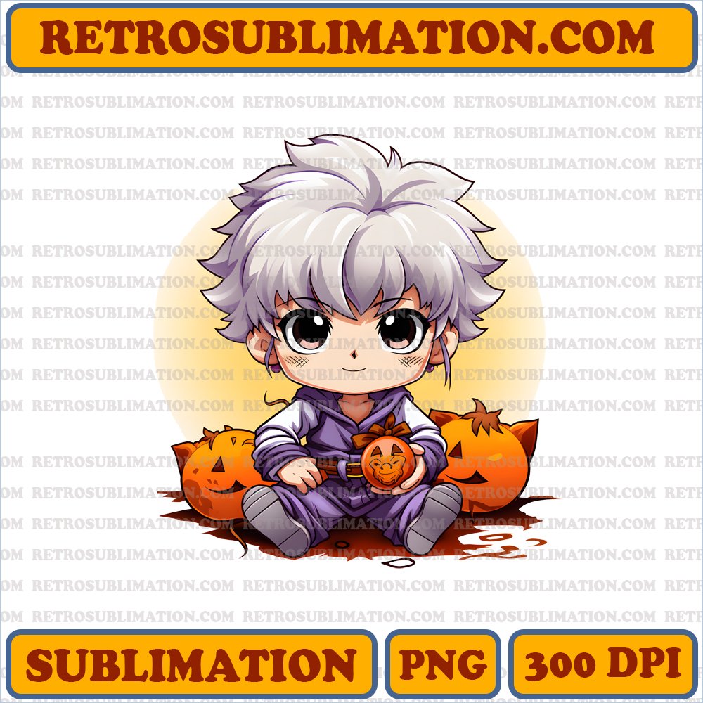 Sly Smirk Chibi Killua Collecting Halloween Treats - Digital PNG Download
