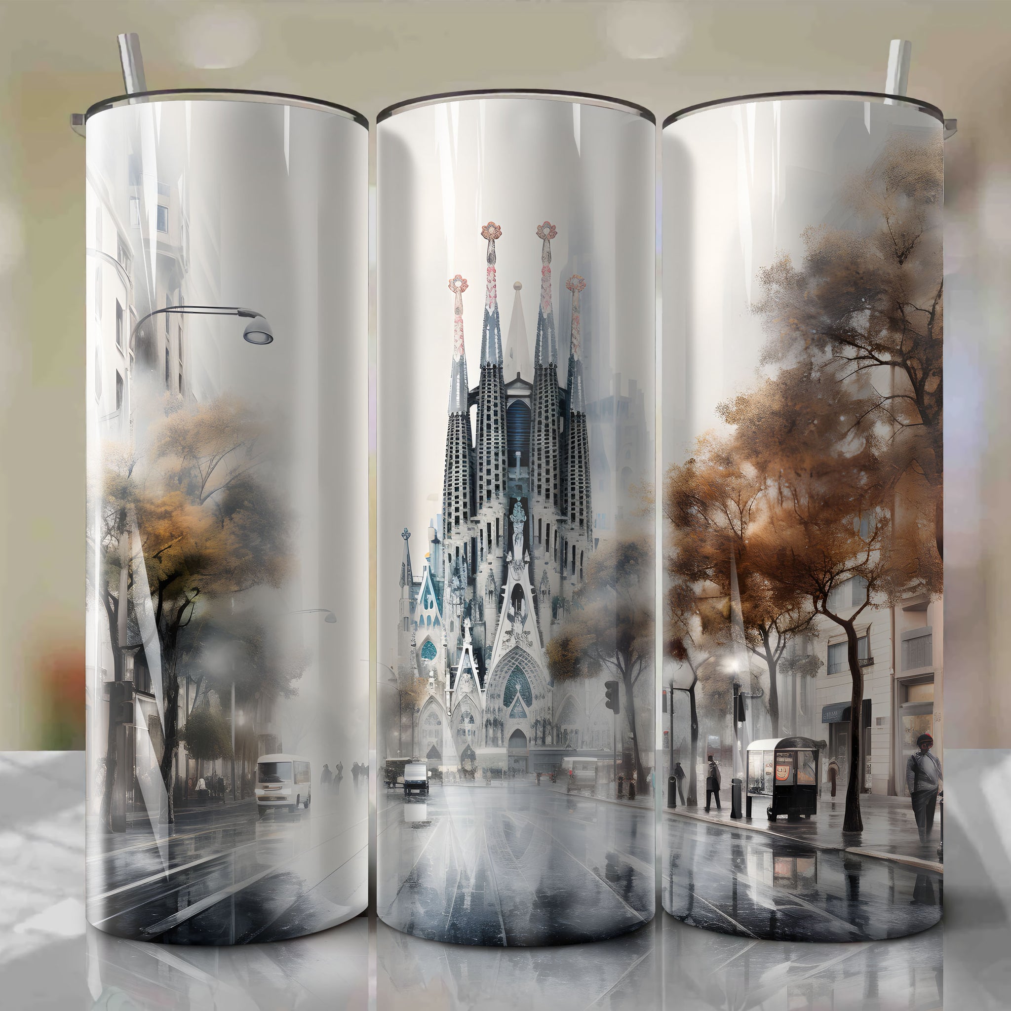 Foggy Autumn Morning: Sagrada Família - Tumbler Wrap with Pencil Drawing Depth Techniques
