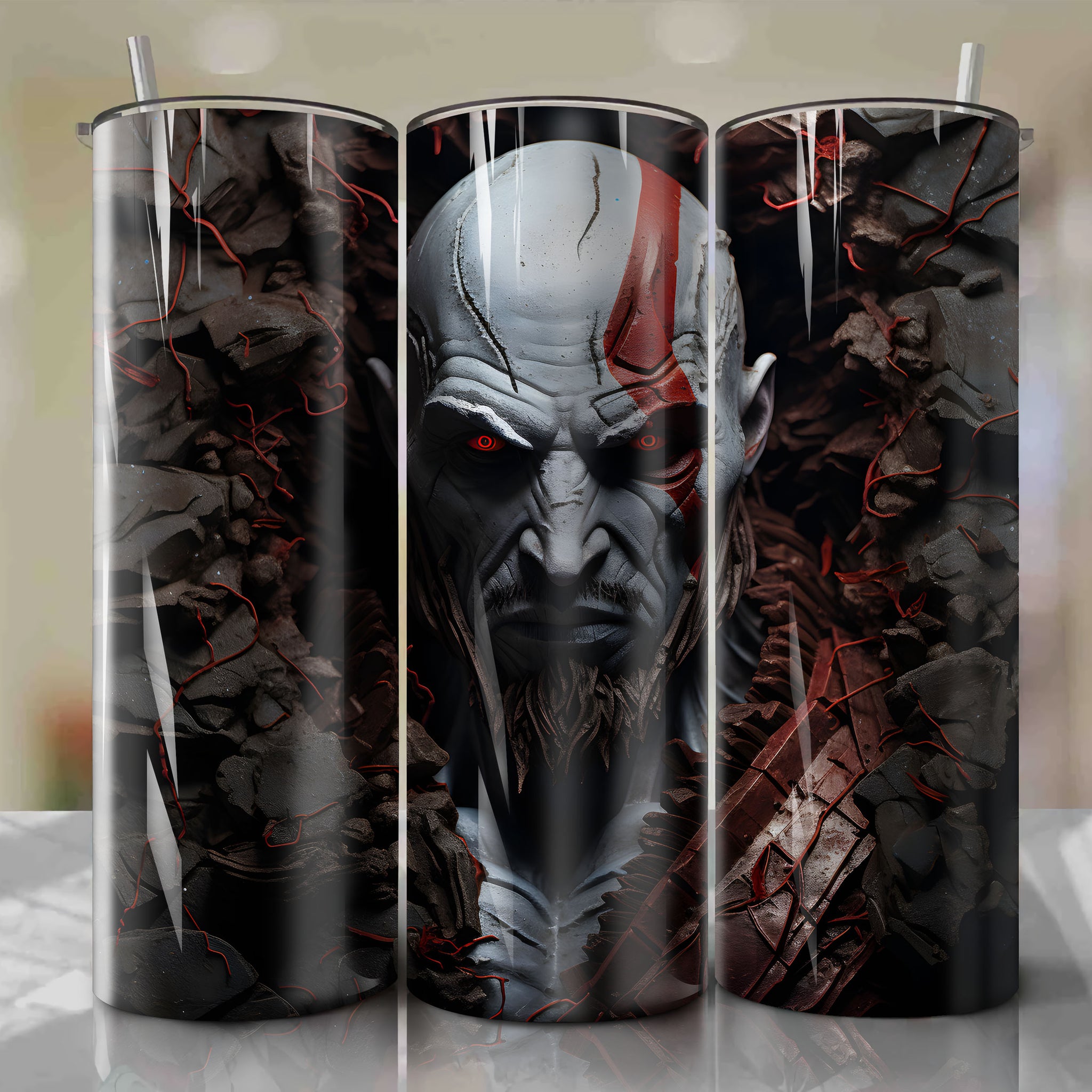 Intense 3D Illustration: Kratos, the God of War, Emerging from a Cracked Hole
