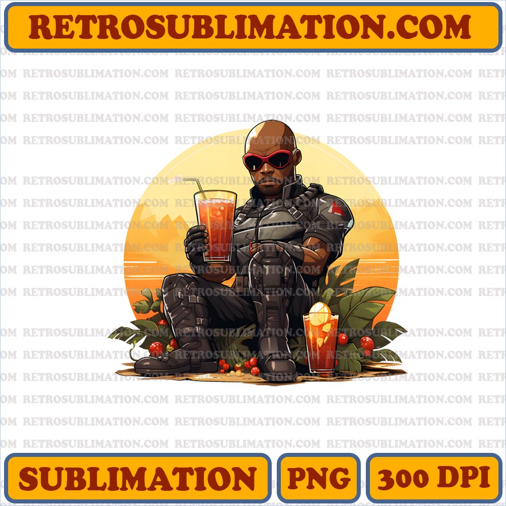 Chibi Nick Fury - Tropical Relaxation - Sublimation PNG Digital Download
