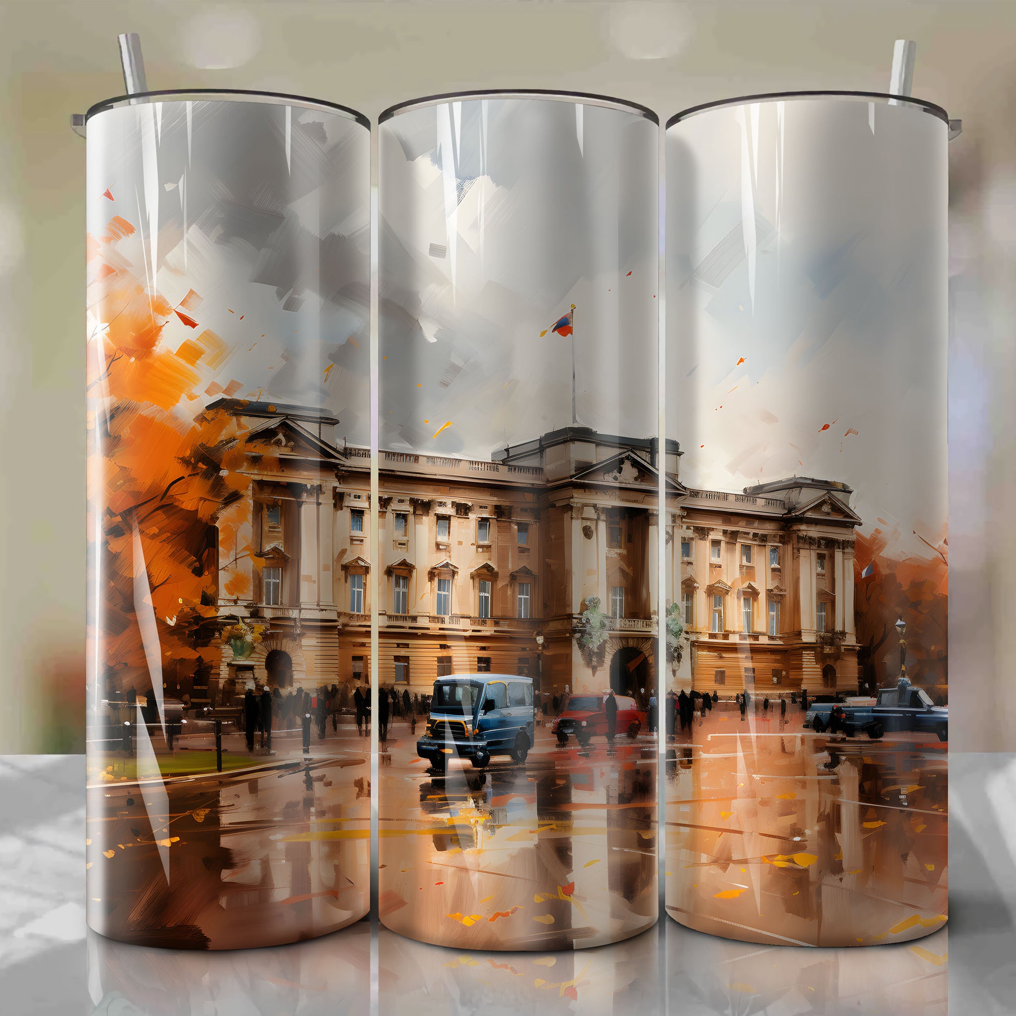 Tumbler Wrap: Buckingham Palace in Autumn - Overcast Distant Shot with Bold Strokes and High ISO
