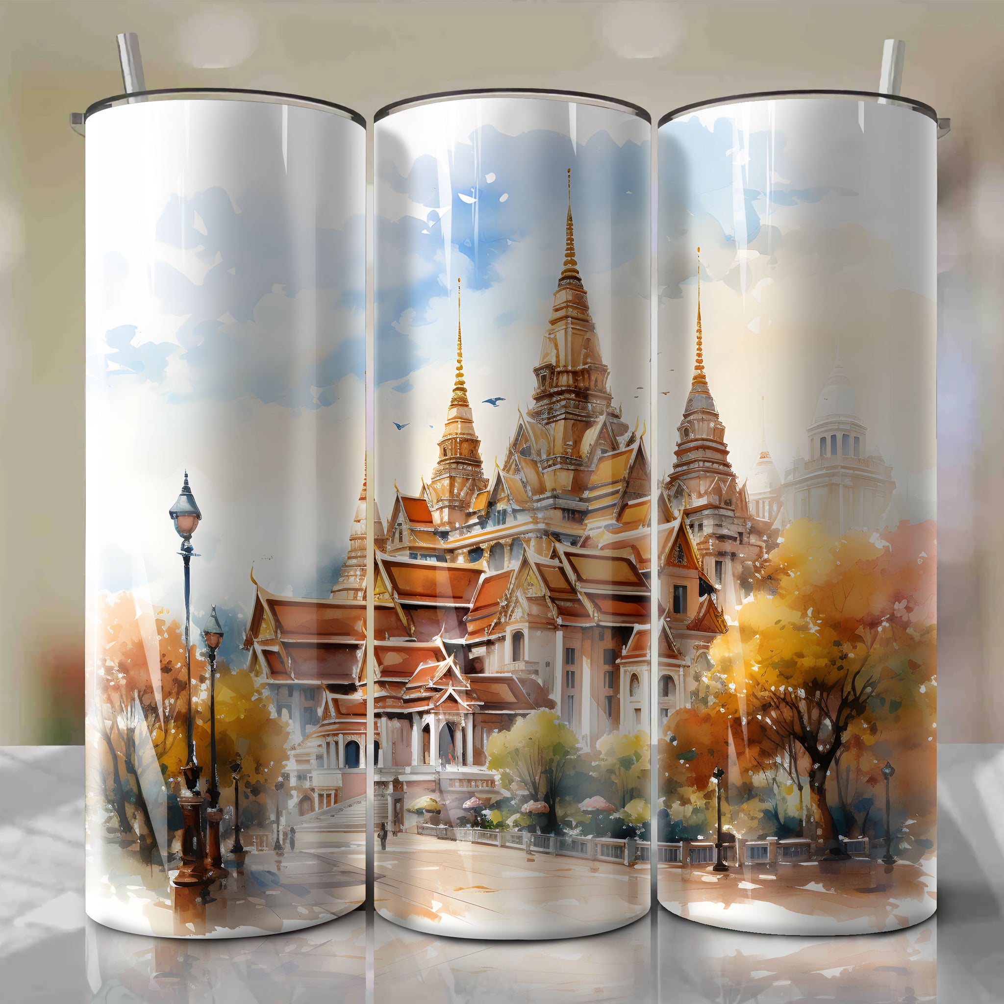 Tumbler Wrap: Grand Palace Thailand Autumn Clear Sky Landscape with Medium ISO Sketching Charcoal
