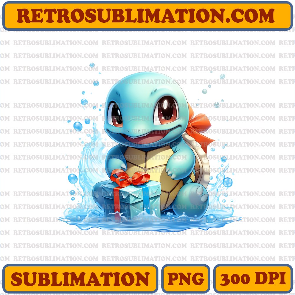 Cheerful Squirtle Unwrapping Christmas Present - Delightful Sublimation PNG Download
