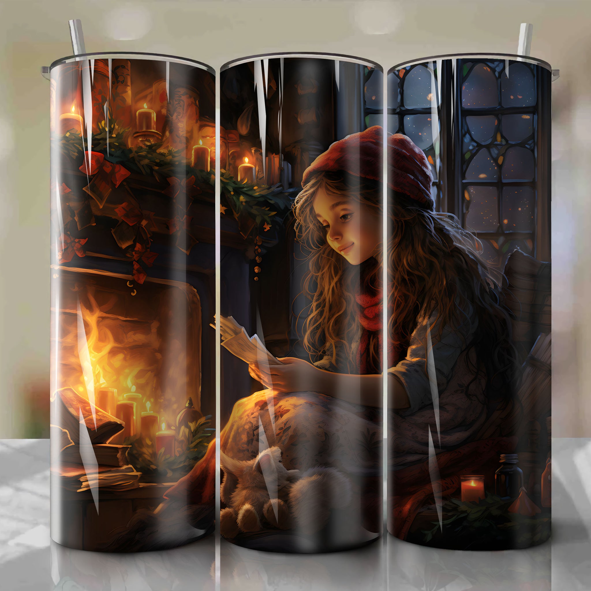 Tumbler Wrap - Cozy Fireplace and Heartwarming Reunion in Stunning Artwork
