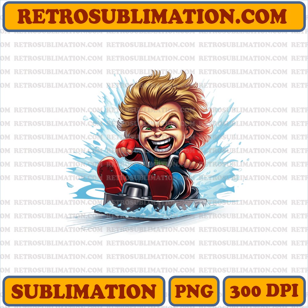 Christmas Chucky Sled Ride - Menacing Laugh - Cartoon PNG Sublimation
