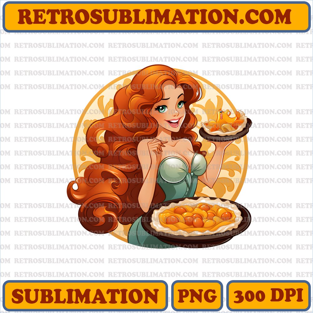 Mermaid Ariel Thanksgiving PNG Digital Download - Mischievous Smile - Pumpkin Pie Bite - Bootleg Style
