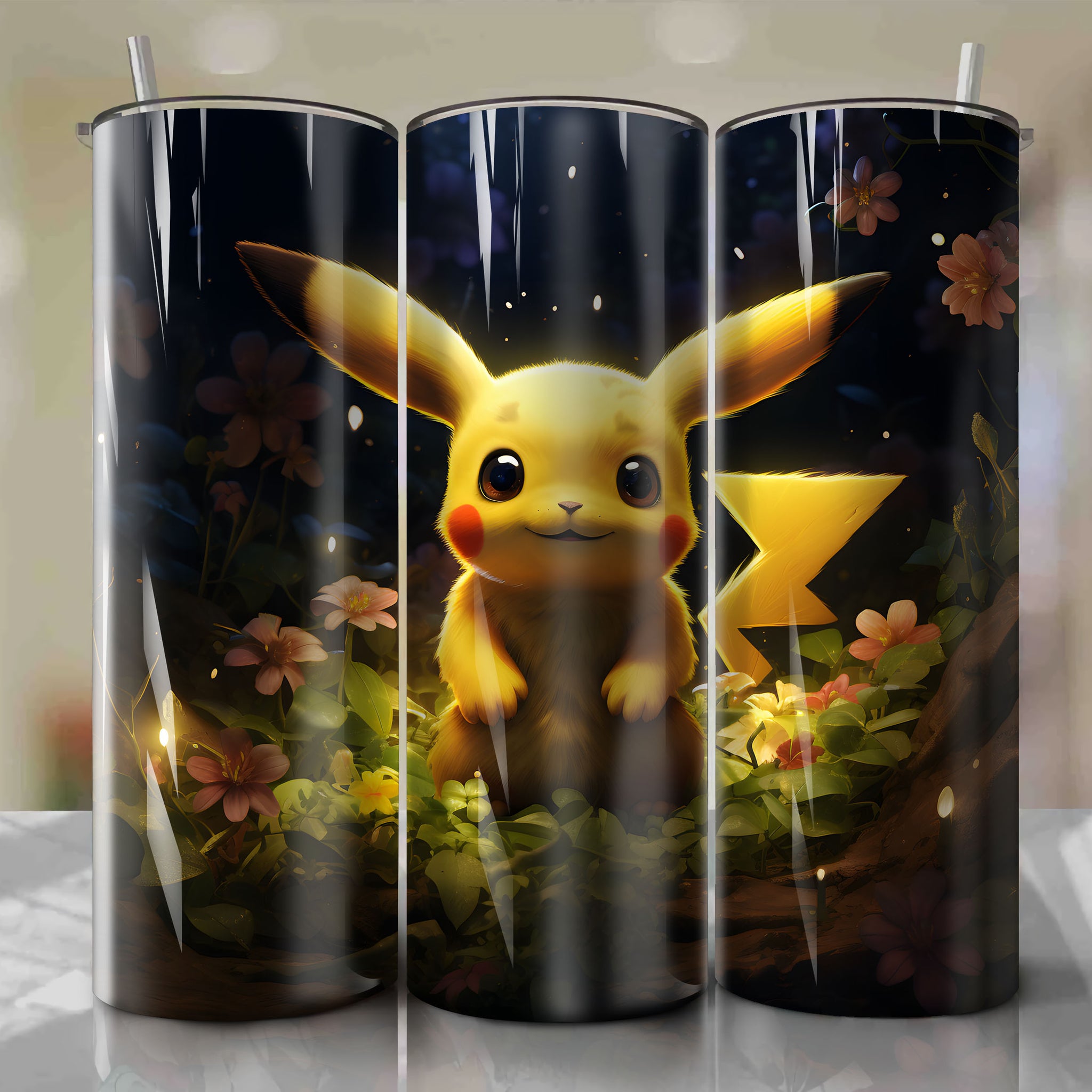 Adorable Pichu Playing Among Flowers: A Vibrant 20 Oz Tumbler Wrap
