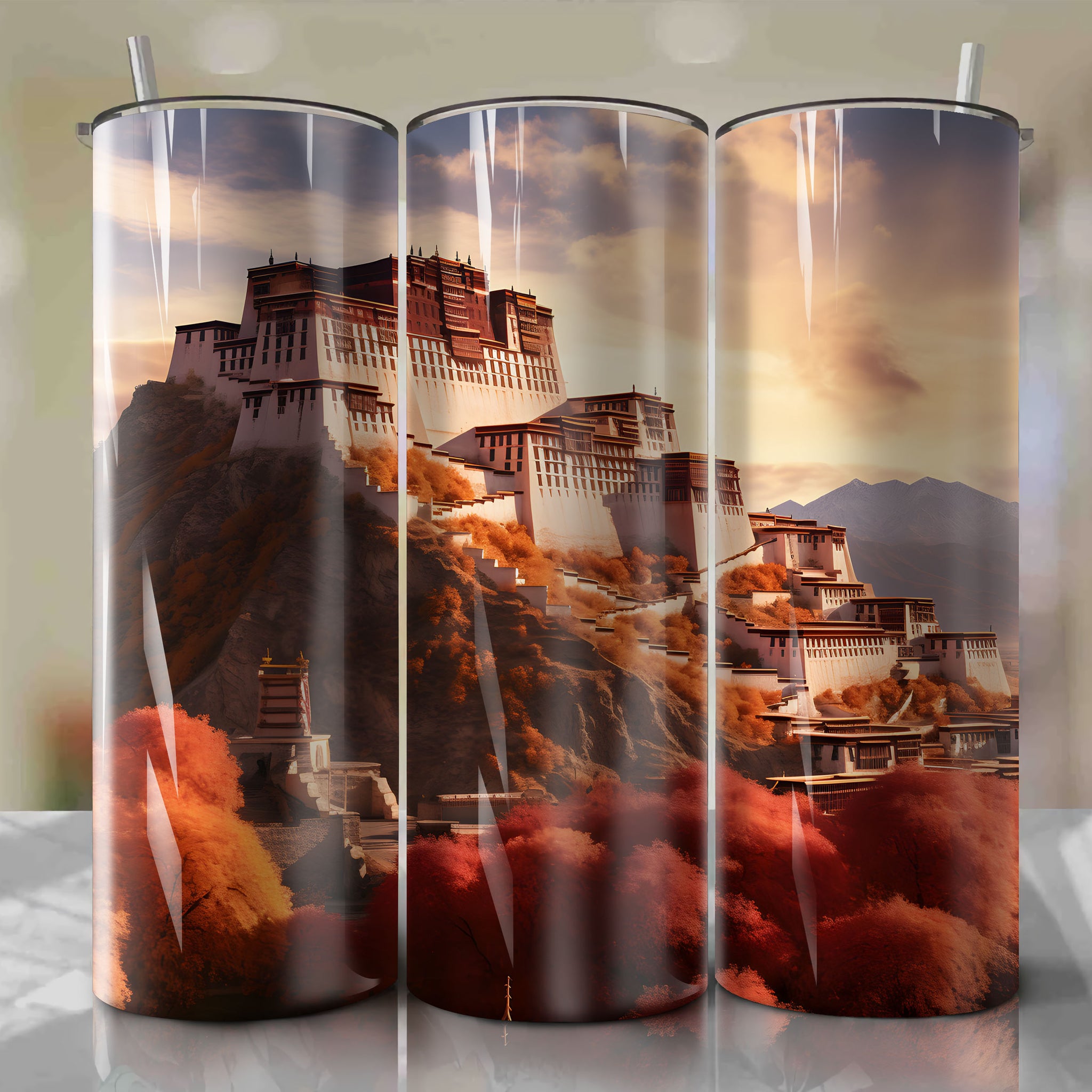 Tumbler Wrap - Potala Palace in Tibet, Golden Hour Autumn Scene with Digital Art Gradient Techniques at Low ISO (60 characters)
