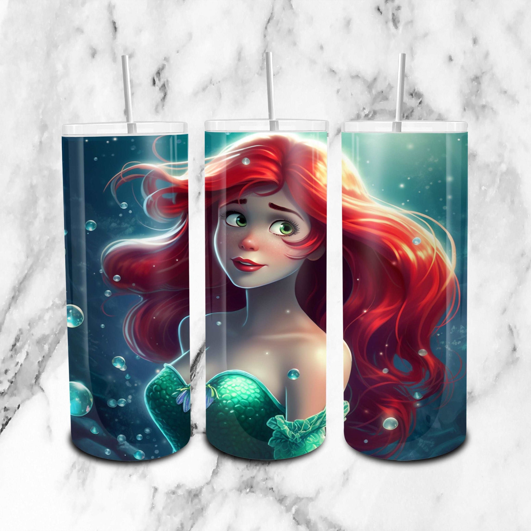 Ariel Disney Glitter - 20oz Skinny Tumbler Wrap PNG - Sublimation - Instant Download