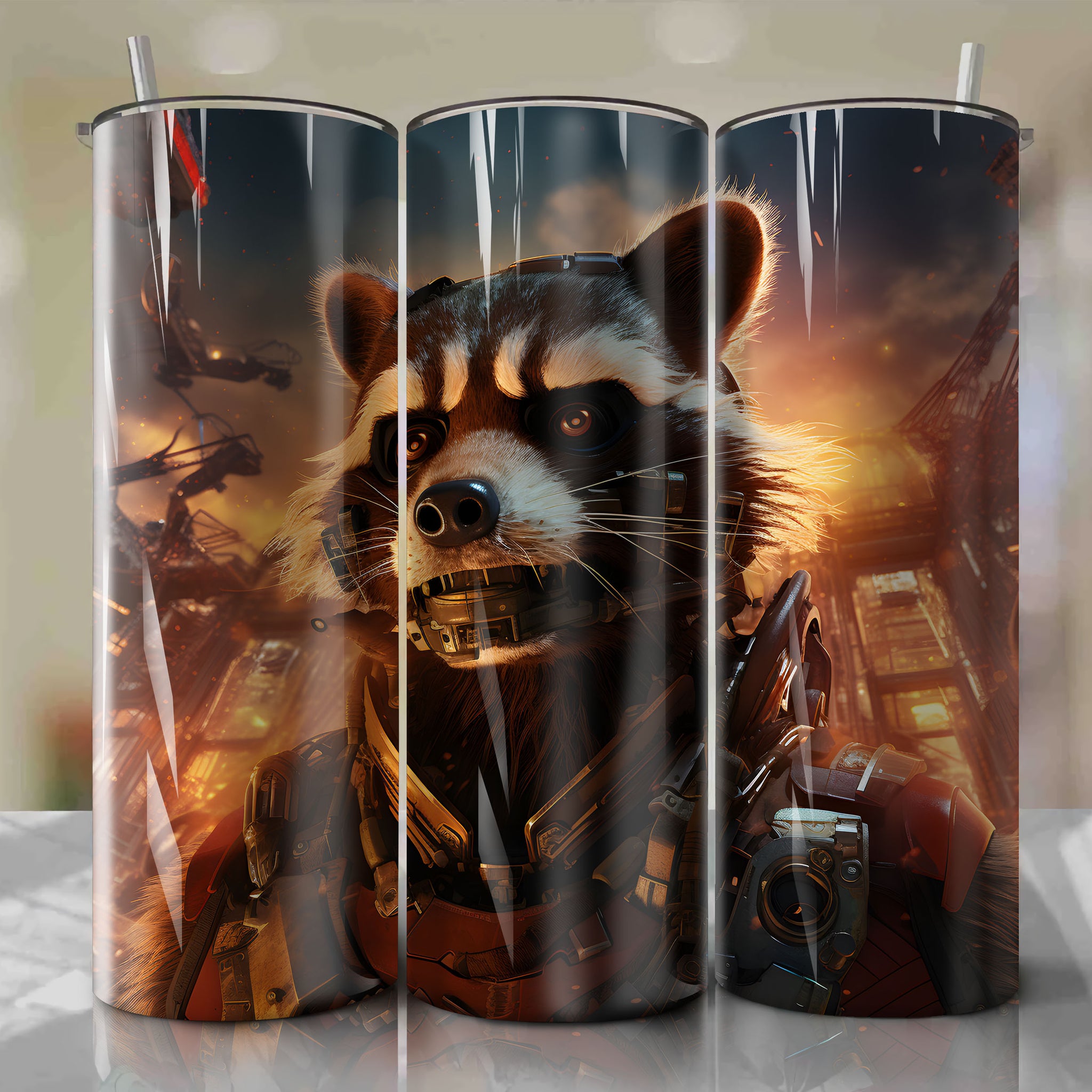 Snarky and Resourceful Rocket Raccoon: 20 Oz Tumbler Wrap with Futuristic Flair
