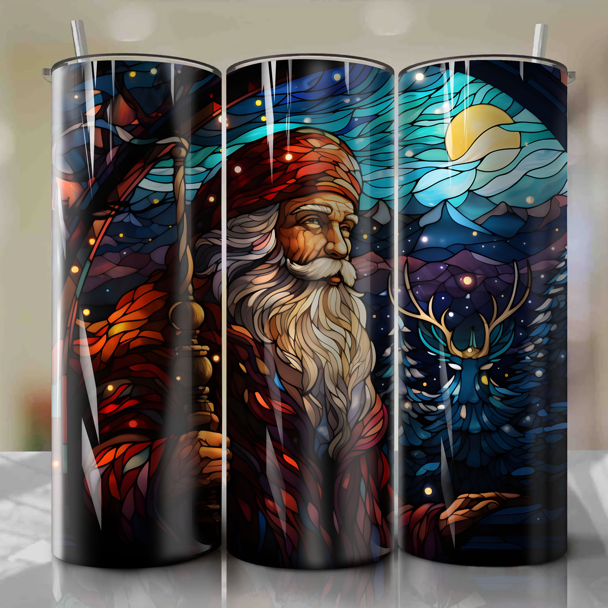 Tumbler Wrap: Santa's Enchanting Christmas Magic in Stunning Stained Glass Artwork
