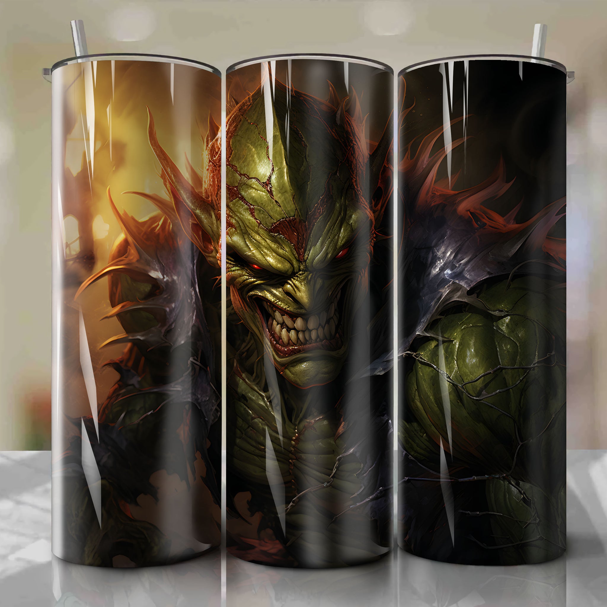 20 Oz Tumbler Wrap - Vibrant Design Inspired by Green Goblin's Chaos and Madness
