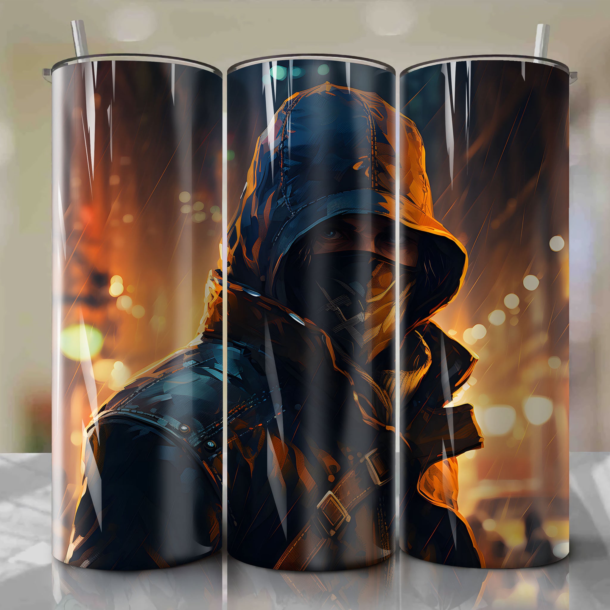 Futuristic Cityscape: Aiden Pearce, the Vigilante Hacker, on a 20 Oz Tumbler Wrap
