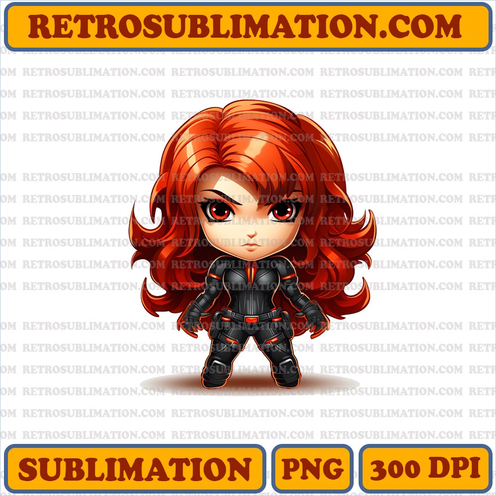 Fiery Red Haired Chibi Black Widow - Action Ready Bootleg Style PNG Digital Download
