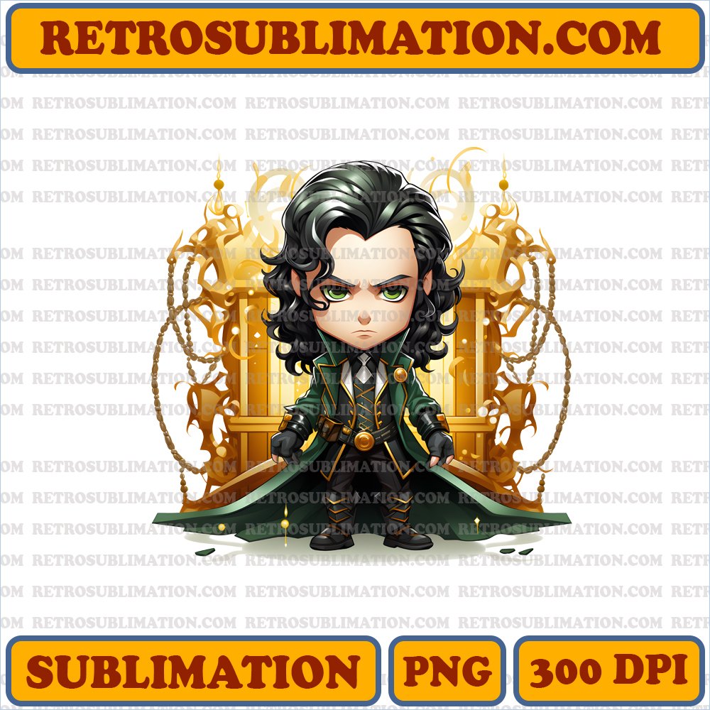 Sassy Loki Chibi - Digital Download PNG Sublimation Artwork with Asgardian Backdrop
