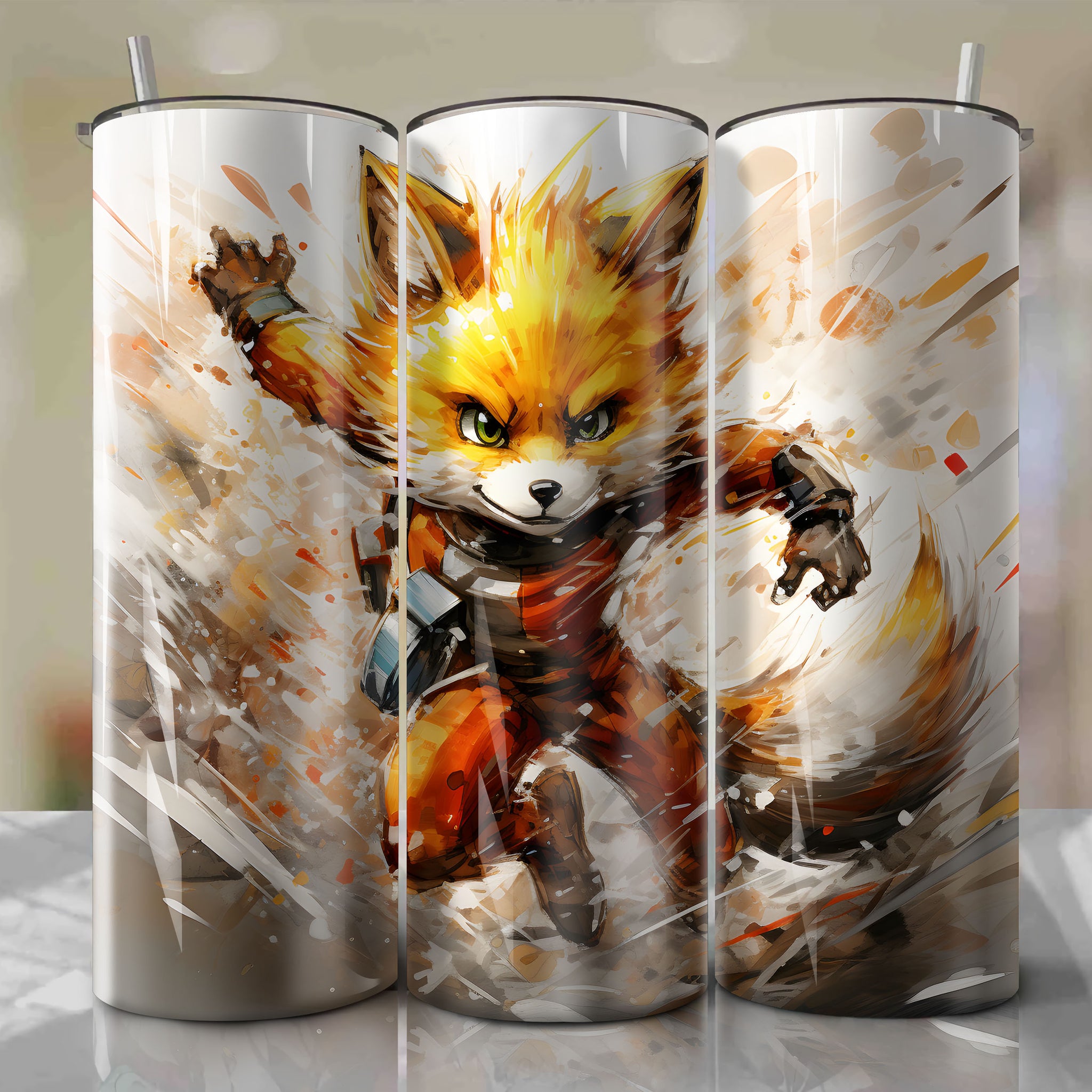 Joyful Flight: Tails 20 oz Tumbler Wrap by Yoji Shinkawa - Vibrant and Energetic Artwork
