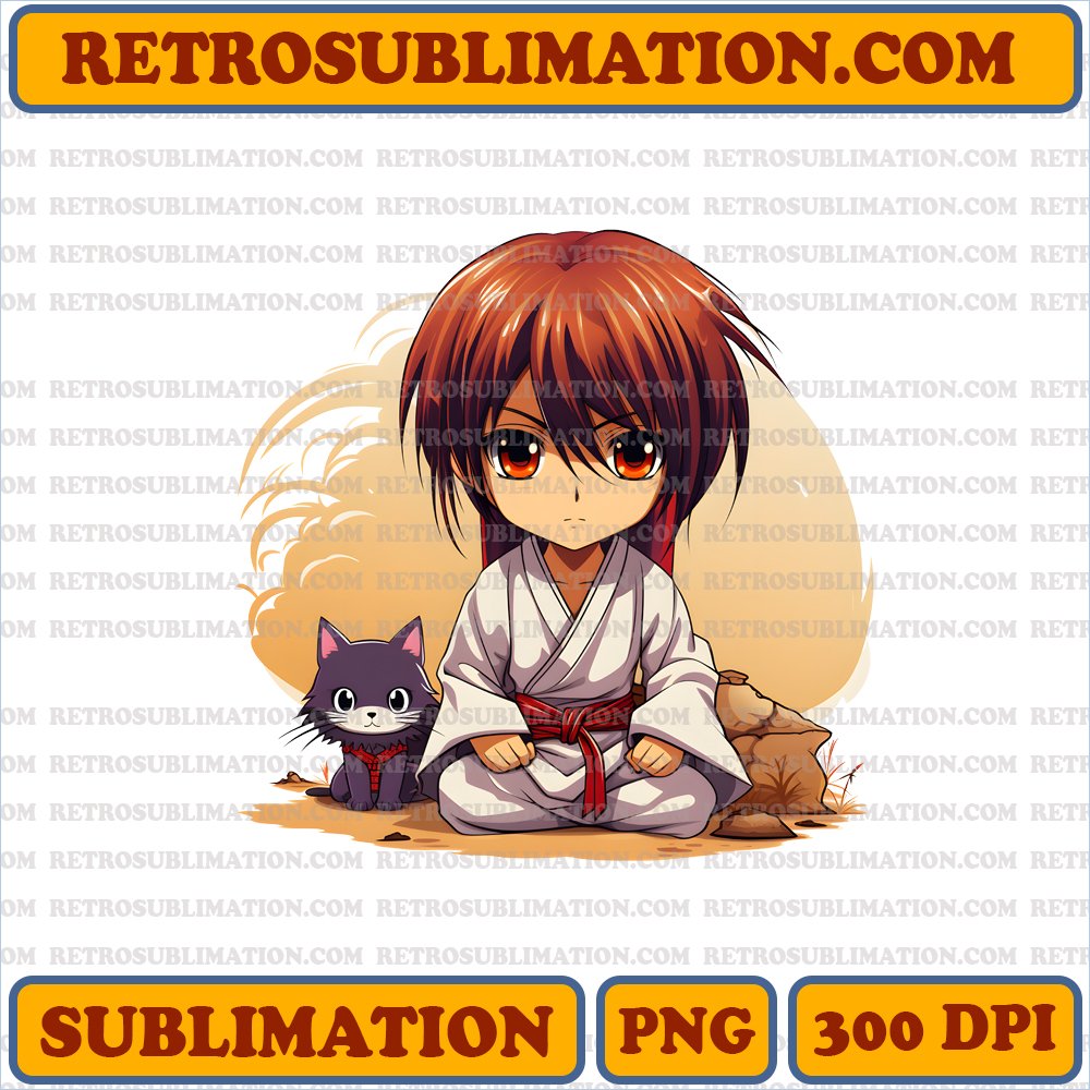 Chibi Kenshin Protects Kaoru - Unique Bootleg Style PNG Digital Download
