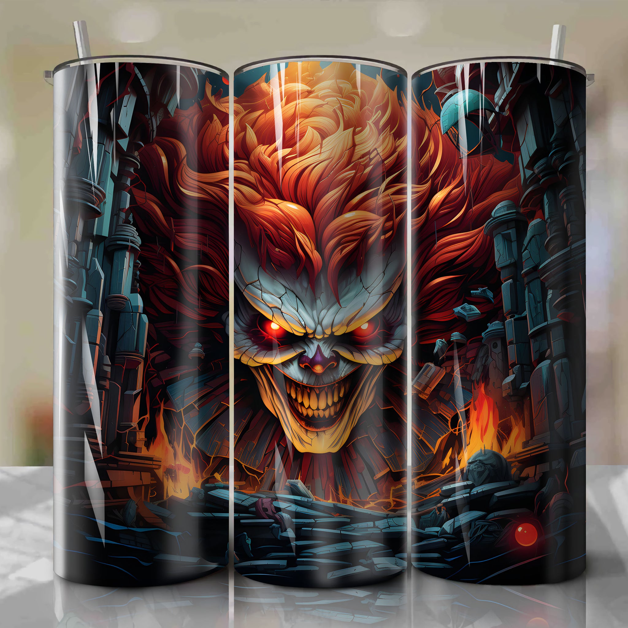 Vibrant 3D Art - Sinister Pennywise Emerges from Fractured Wall - Halloween Inspired Design
