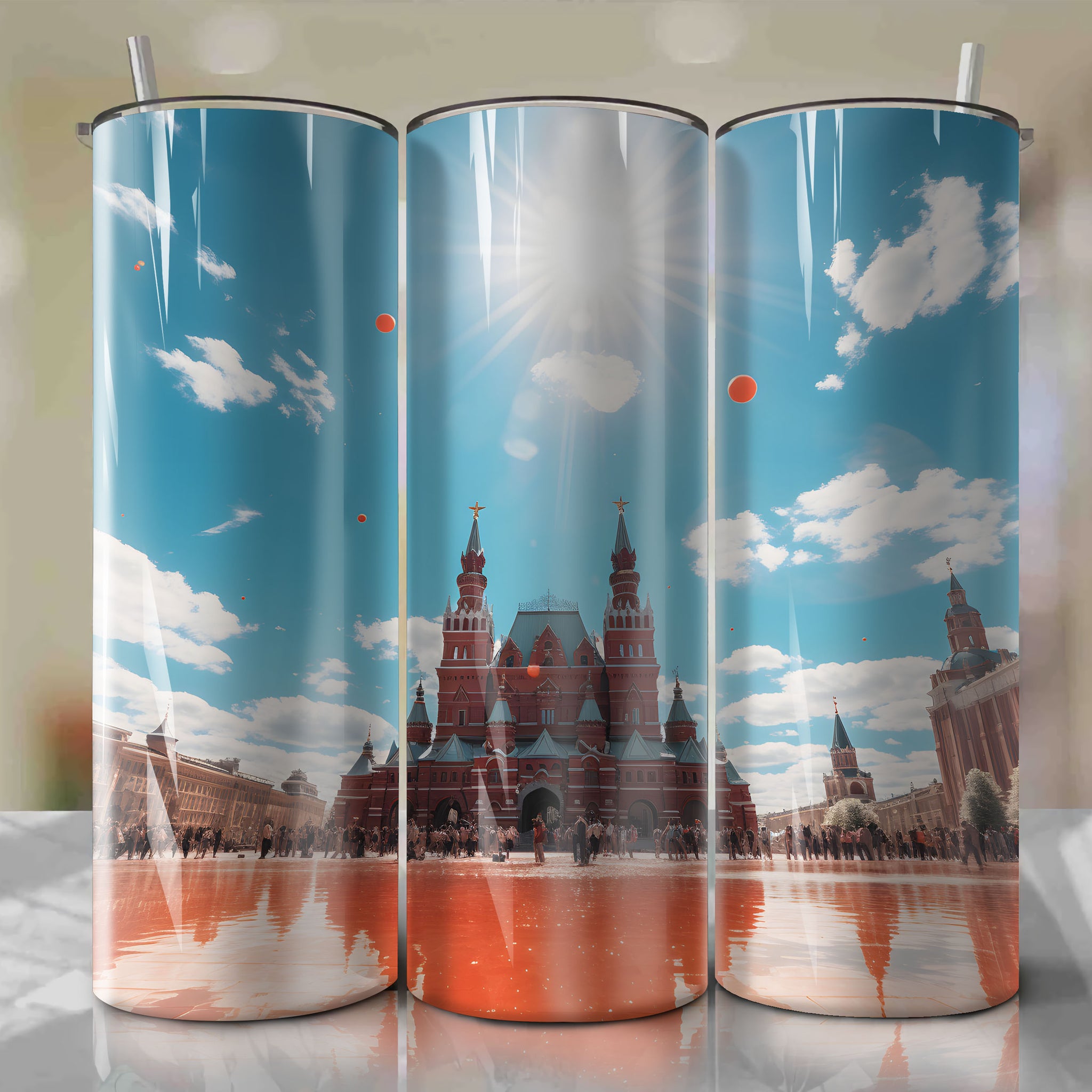 Capture the Bold Contrasts of Russia's Red Square in Autumn's Harsh Midday Sun with High Shutter Speed and Pop Art Techniques
