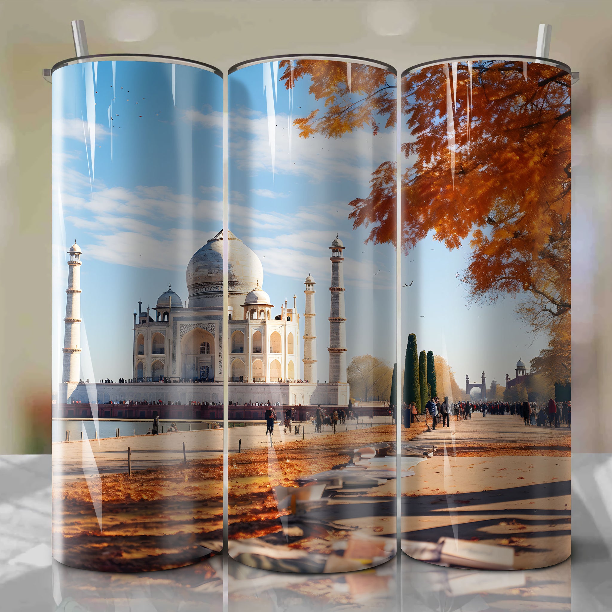 Capturing the Beauty of Taj Mahal in Autumn: A Tumbler Wrap
