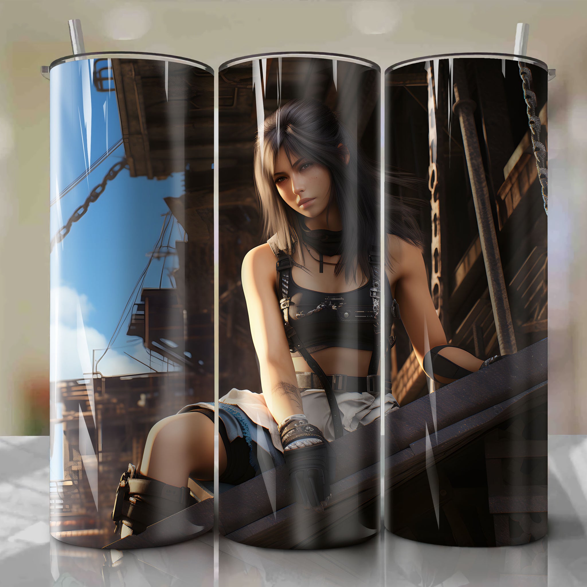 Vibrant 3D Tifa Lockhart: 20 Oz Tumbler Wrap - Final Fantasy VII-inspired Design
