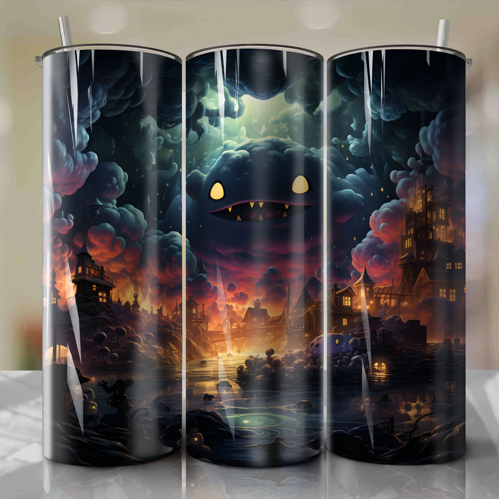 20 Oz Tumbler Wrap: Koffing, the Ominous Pokemon in a Dark Atmospheric Scene
