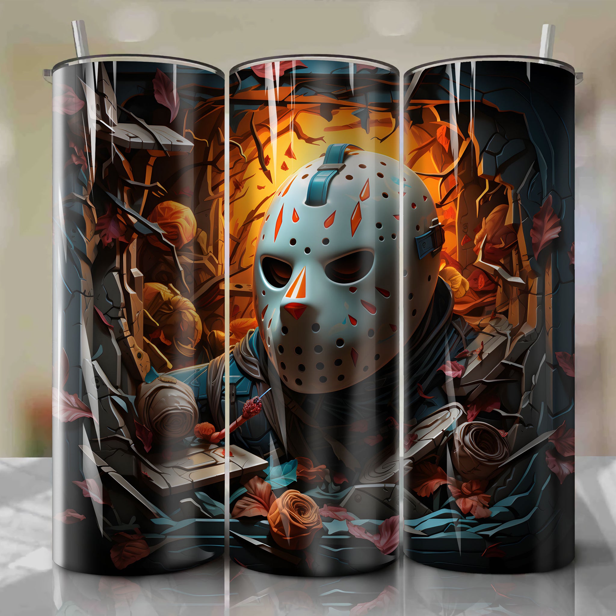 Halloween-inspired 20 Oz Tumbler Wrap feat. Jason Voorhees emerging from a graffiti-cracked cast with eerie Halloween symbols by Dan Mumford
