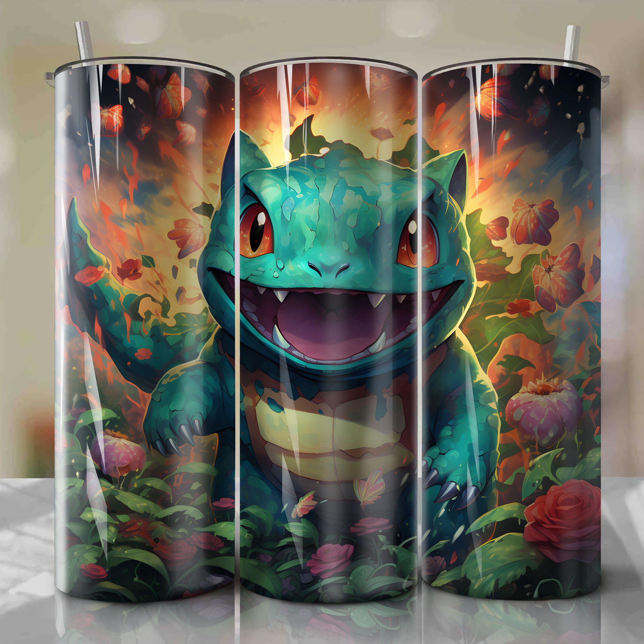 Grass-Type Pokémon Bulbasaur 3D Illustration for 20 Oz Tumbler Wrap
