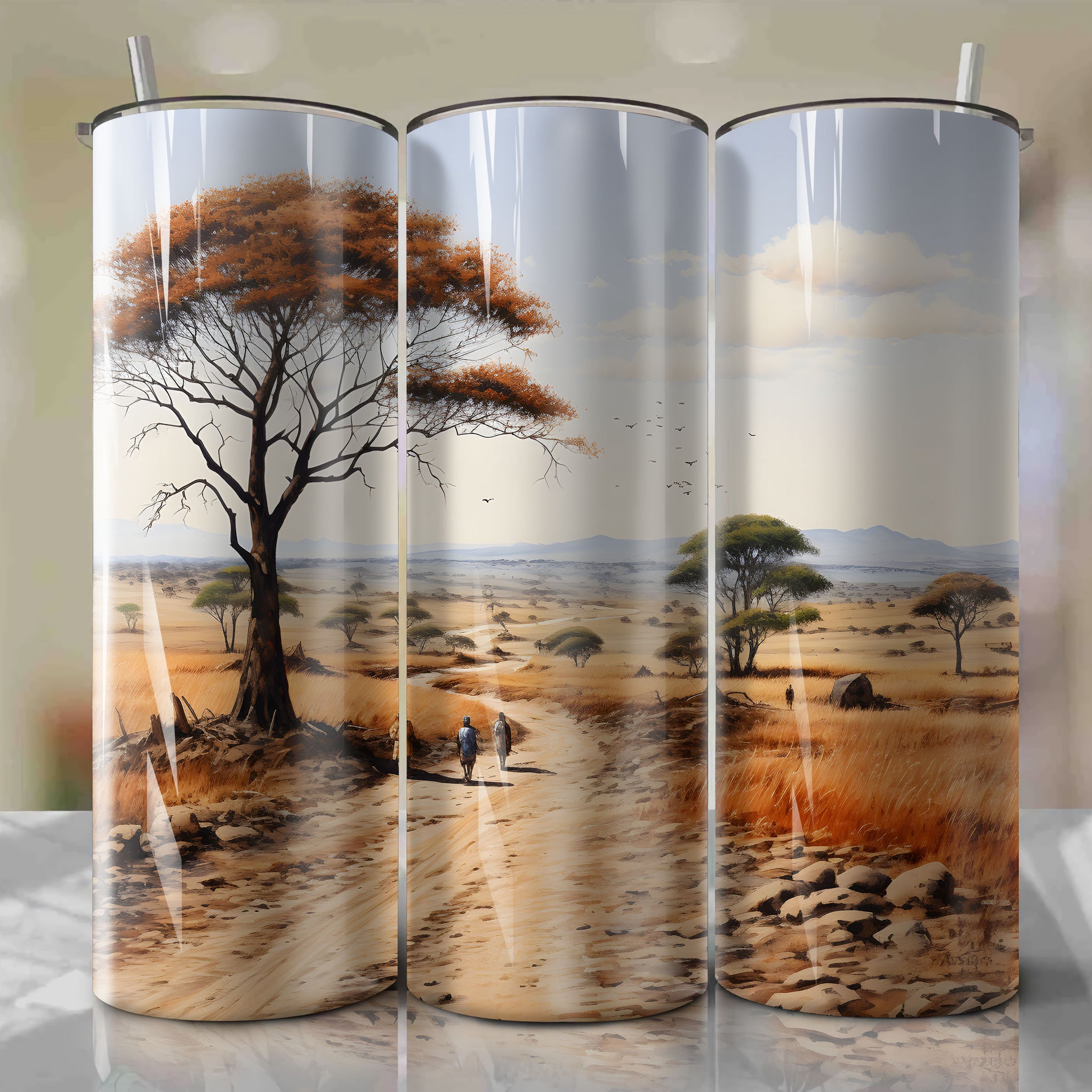 Tumbler Wrap: The Serengeti Migration in Tanzania/Kenya during Autumn, Captured in Clear Sky Landscape Mode with Medium ISO Using Sketching Charcoal
