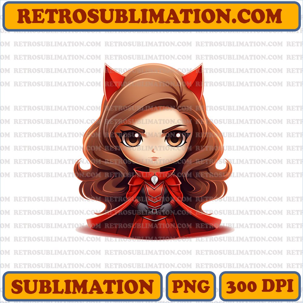 Whimsical Scarlet Witch Chibi PNG Digital Download - Playful Mischief - Mini Hexes - Bootleg Style
