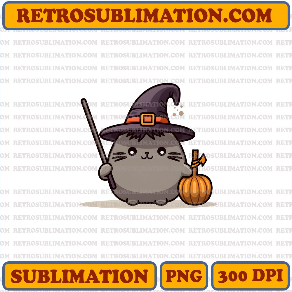 Pusheen Halloween Digital Download - Mini Hat & Broomstick Unique Bootleg Style PNG Sublimation
